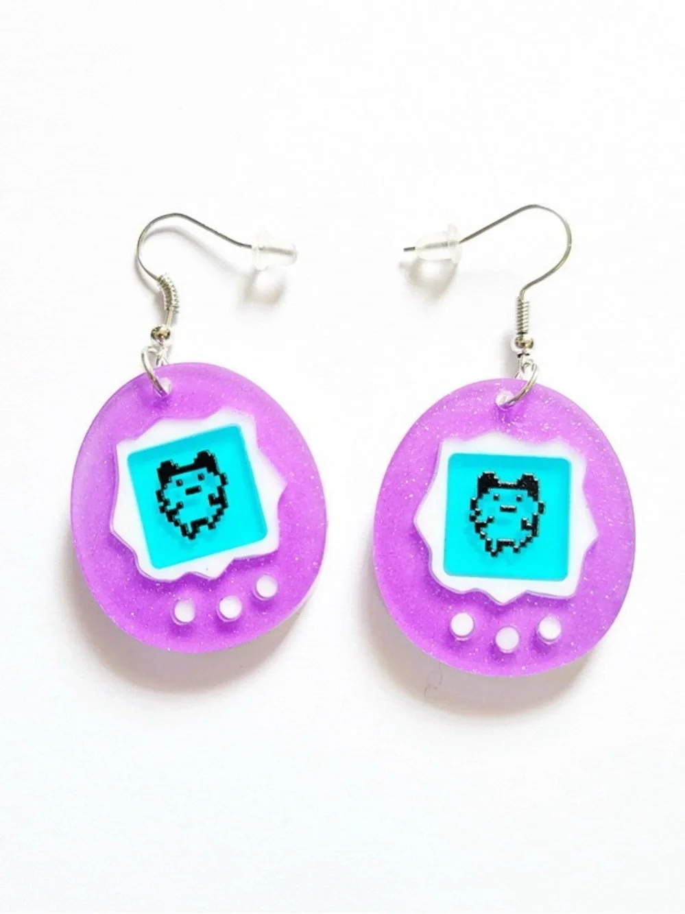 Retro Virtual Pet Dangle Earrings – Purple Pixel Pet Acrylic Earrings.